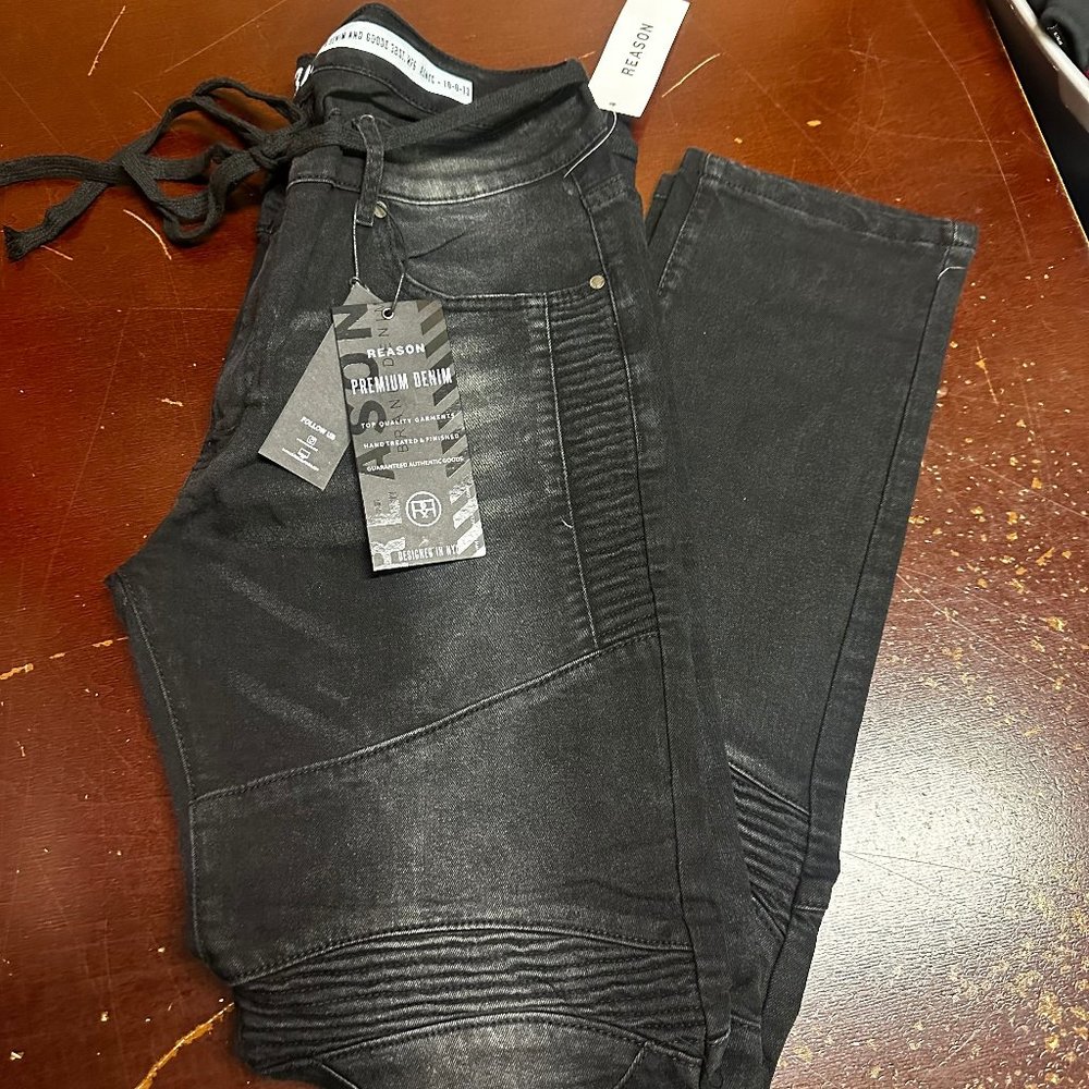 Reason Mens Black Dark Wash 5 Pocket Stretch Denim Straight Jeans Size 36